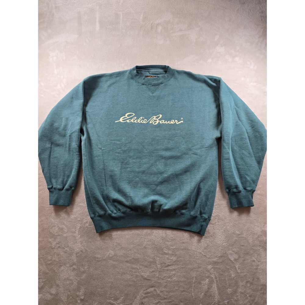 Vintage Eddie Bauer Sweatshirt Mens XL Green Script Logo Pullover Crewneck *Read